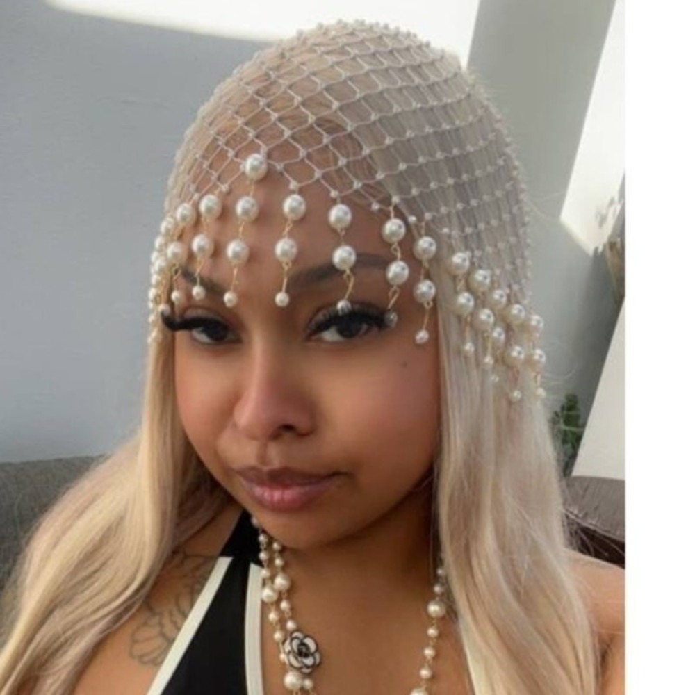 New Pearl Bridal Mesh Headpiece Fringe Vintage Beaded Cap Wedding Tassle White